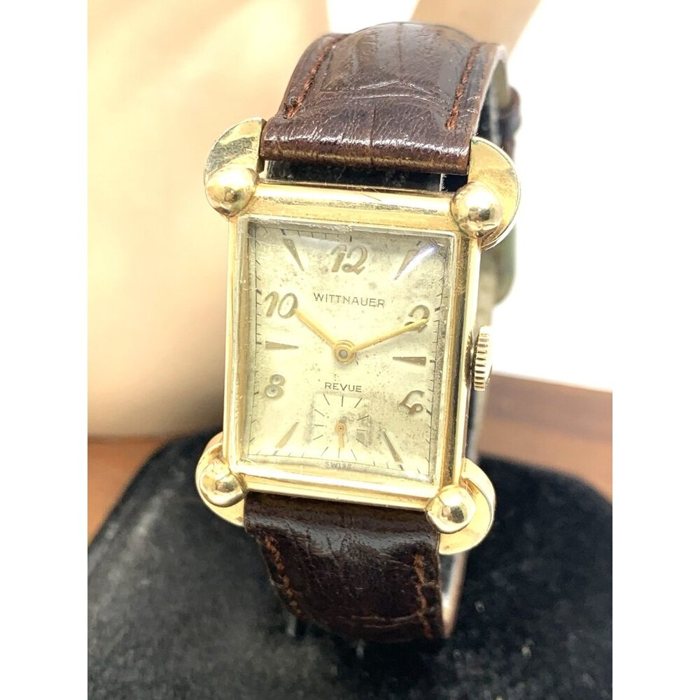 Wittnauer Revue Watch Swiss Mechanical Tank Vintage Gold Brown Leather Band 22mm